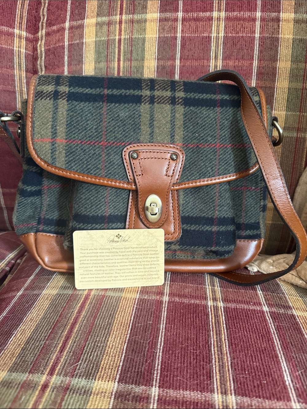 Patricia Nash Green and Brown Plaid Wool Crossbody with Leather Trim